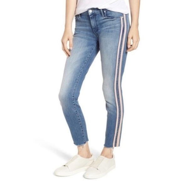 MOTHER || The Looker Ankle Fray Thunderstruck Racer Stripe Jeans Pink 26 - Picture 1 of 11